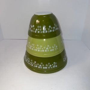 VTG HTF PYREX Spring Blossom Green Crazy Daisy Nesting Mixing Bowls 401 402 403